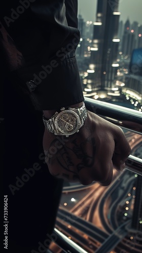 Powerful and millionaire man  on the balcony showing his diamond watch, manly. In front of the city of Dubai, the Burj Khalifa, dark tones, night lights

 photo