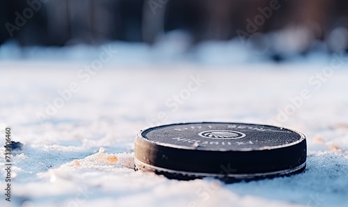 A Frozen Game: A Hockey Puck Resting on Snow-Covered Ground