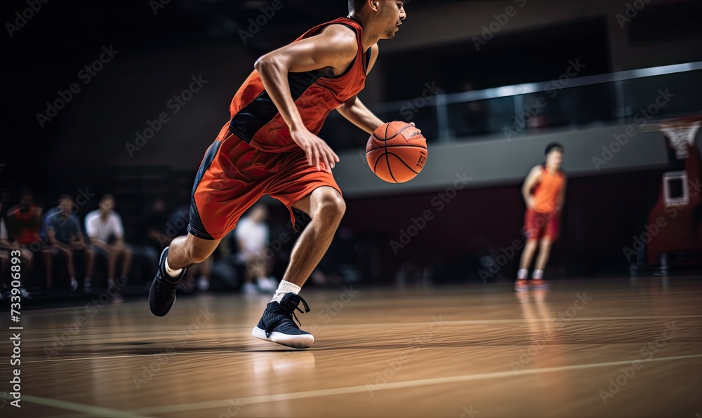 Basketball Player Dribbles Ball Down the Court