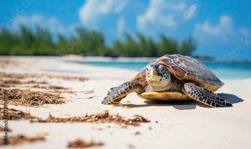 A Serene Moment: A Small Turtle Resting on the Sun-Kissed Beach © uhdenis