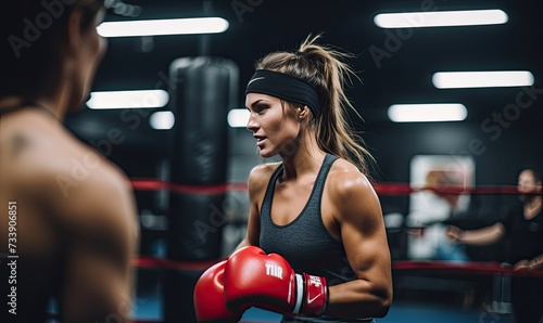 Woman in Boxing Ring With Red Boxing Glove