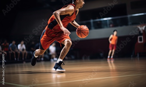 Basketball Player Dribbles Ball Down the Court