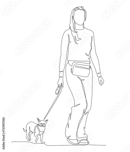 Woman with small dog walking. Having waist bag. Continuous line drawing. Hand drawn black and white vector illustration in line art style.