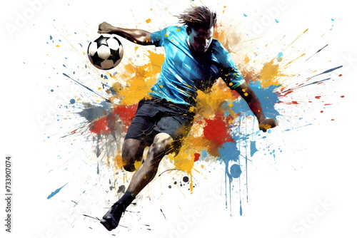 painting graphic of soccer player man kick ball and splash with colors isolated on white background