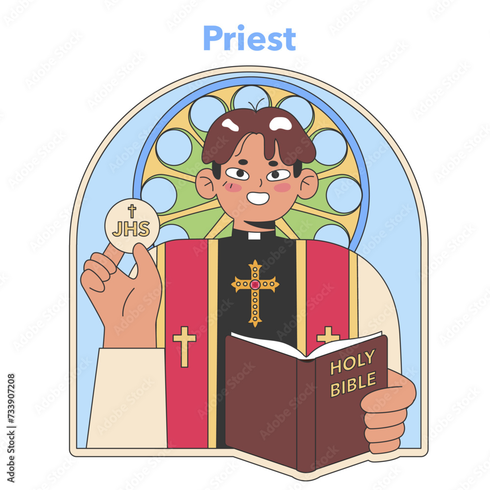 Priest in liturgical vestments holding the Eucharist and Bible ...