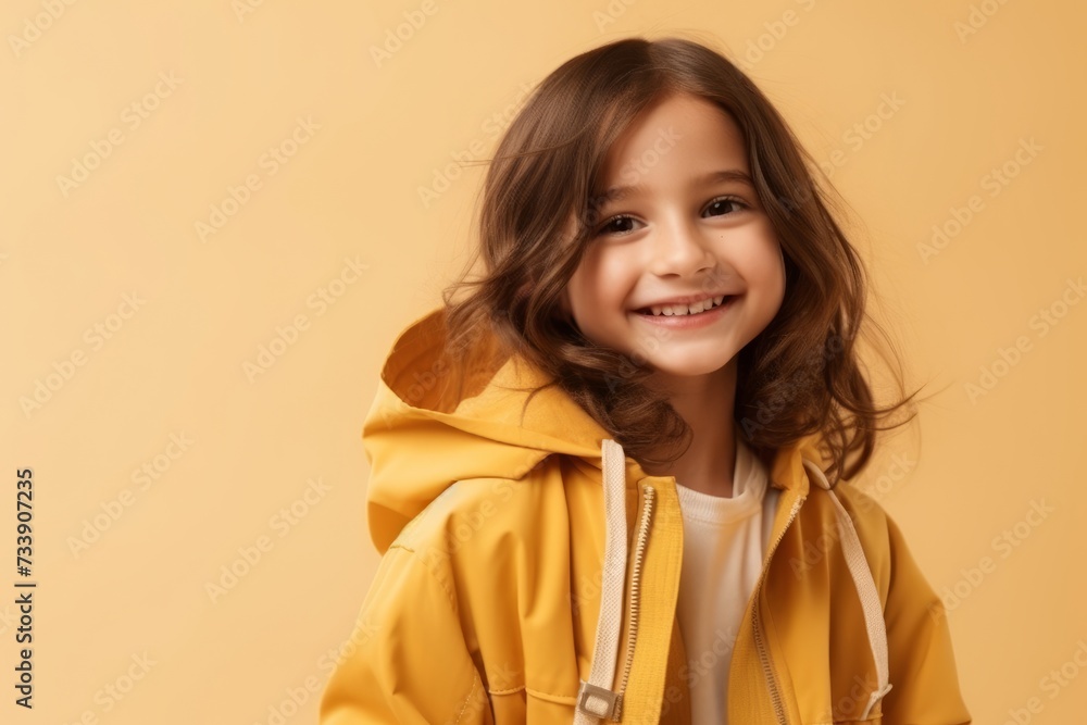 Portrait of a beautiful little girl in a yellow jacket on a beige background Portrait of a beautiful little girl in a yellow jacket on a beige background
