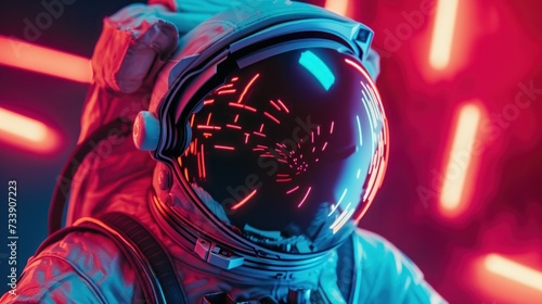 Fototapeta Naklejka Na Ścianę i Meble -  Astronaut at the spacewalk on the moon. Neon light with reflections in the glass of the suit
