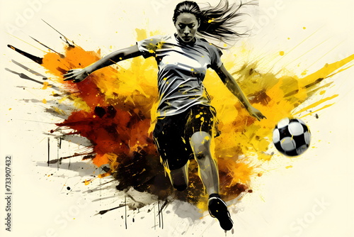 painting graphic of a woman soccer player kick ball and splash with colors isolated on white background © dobok