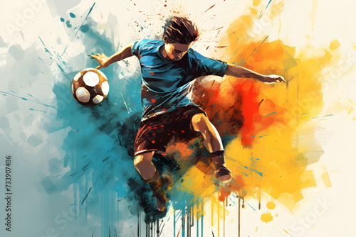 painting graphic of soccer player man kick ball and splash with colors