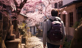 A traveler with a backpack wanders a quaint alley lined with blooming cherry blossoms, capturing the essence of spring in the old town.
