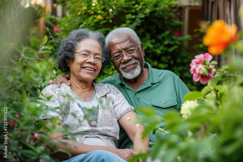 happy elderly black married couple sits hugging in the yard of their house surrounded by plants and flowers