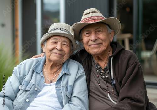 happy elderly American married couple sitting hugging in the yard of their house