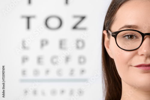 Young woman with glasses against vision test chart, closeup