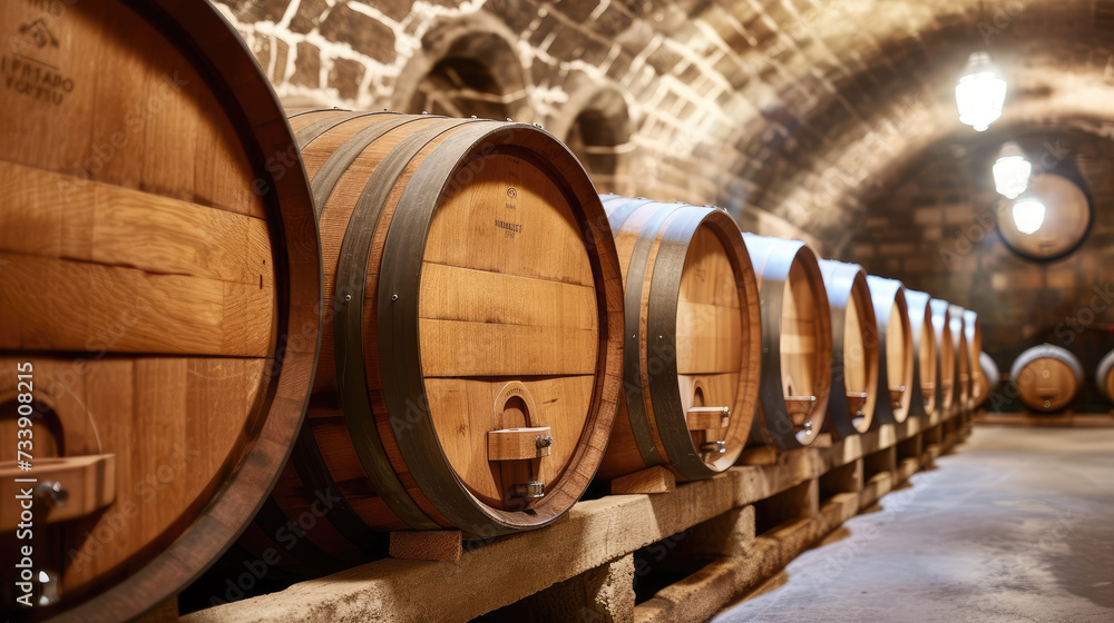 large oak barrels for maturing wine in a wine cellar in a row in perspective