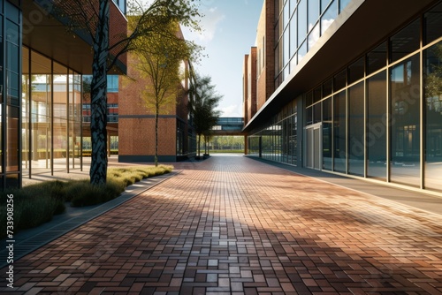 A brick sidewalk with a very large and very modern building.