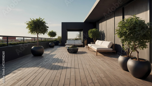 the unadorned beauty of an empty outdoor terrace  emphasizing a minimalistic approach and the presence of potted plants.