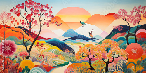 Fototapeta Naklejka Na Ścianę i Meble -  Beautiful mountain landscape painting. Abstract outdoor natural background, beautiful landscape colorful painting,