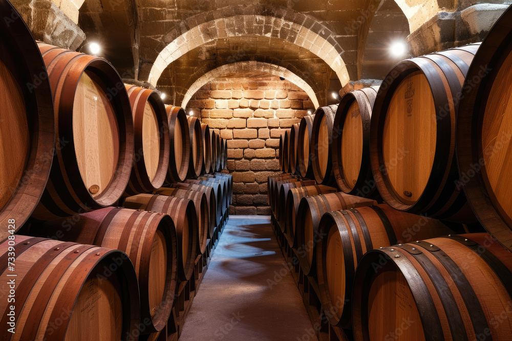 large oak barrels for maturing wine in a wine cellar in a row in perspective