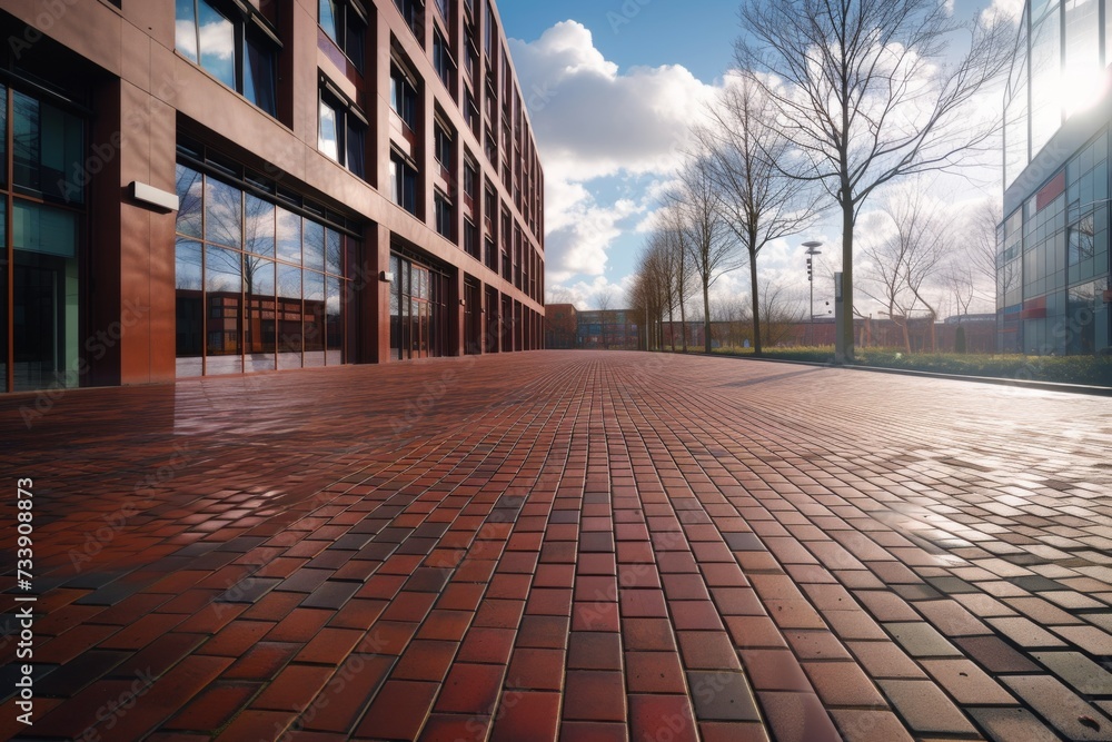 A brick sidewalk with a very large and very modern building.