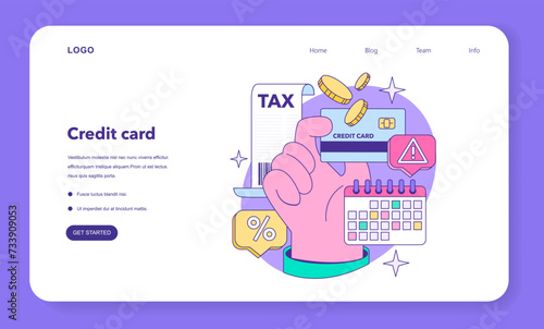 Credit card web banner or landing page. Bank-offered financing of purchases. Individual and business credit card. Credit arrangements and rating. Flat vector illustration