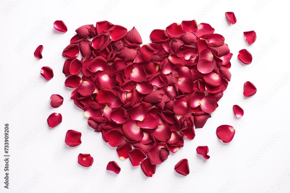 The arrangement of rose petals forms a heart on a white background The arrangement of rose petals forms a heart on a white background