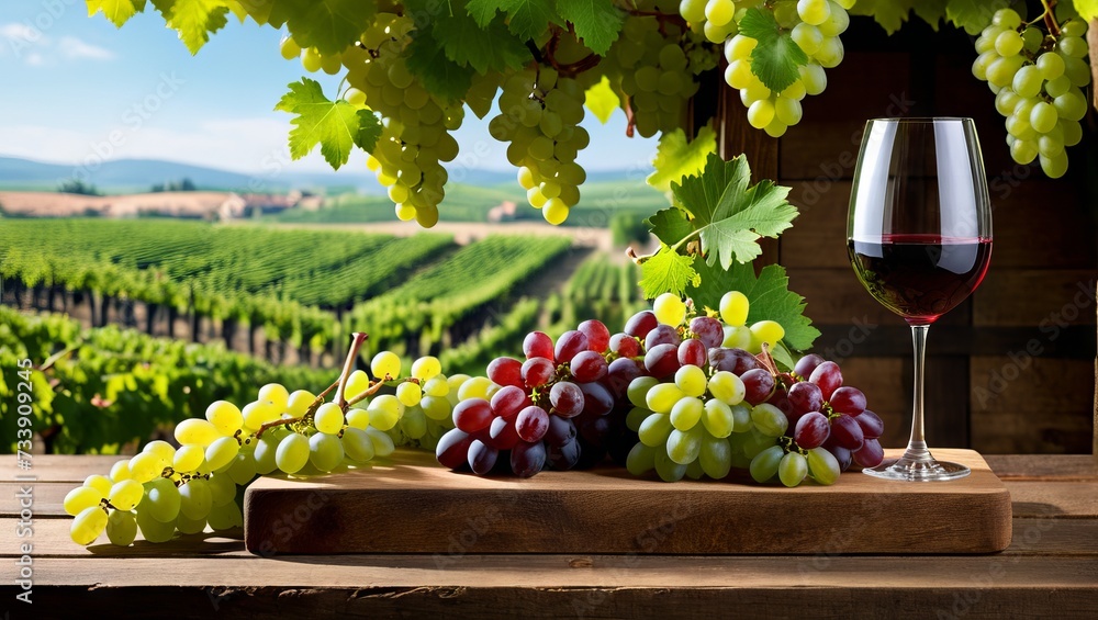 A glass of red wine is complemented by clusters of green, red, and purple grapes arranged on a rustic wooden table with a deep green backdrop, invoking a sense of refined taste.