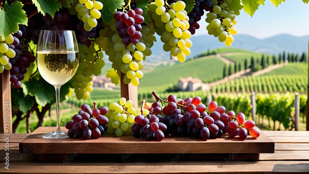 A glass of red wine is complemented by clusters of green, red, and purple grapes arranged on a rustic wooden table with a deep green backdrop, invoking a sense of refined taste.