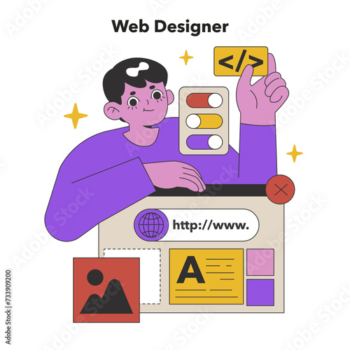 Dedicated Web Designer Crafting Sites. A skilled professional develops responsive designs and user-friendly interfaces with a touch of modern aesthetics. Flat vector illustration