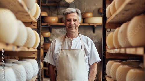 Adult smiling male cheese maker between cheese storage racks photo