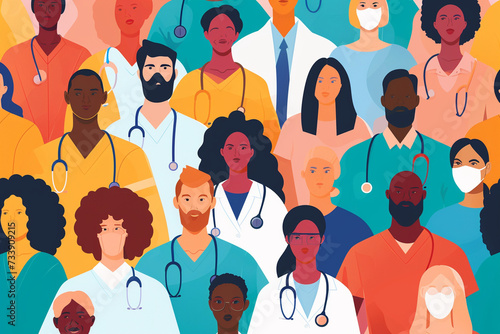 A colorful illustration of a diverse group of healthcare professionals, World Health Day photo