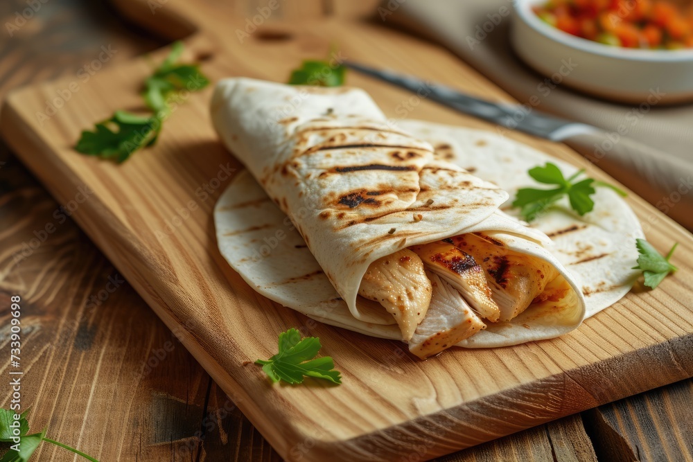 Roll tortilla with grilled chicken fillet on wooden cutting boar Roll tortilla with grilled chicken fillet on wooden cutting boar