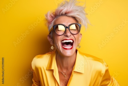 Portrait of a beautiful woman in glasses on a yellow background.