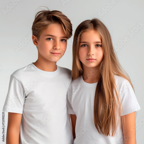 Little cute boy and girl child kid baby wearing white shirt clothes isolated on white background, children studio portrait for advertising photography. 
