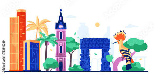 Eclectic architecture in Israel - modern colored vector illustration with Gate of Faith in Jaffa and its clock tower, complex of three skyscrapers Azrieli Center Mall. Hoopoe bird sitting on a branch