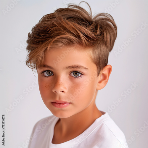 Little cute boy child kid baby wearing white shirt clothes isolated on white background, children studio portrait for advertising photography. 