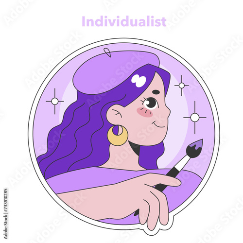 Enneagram Individualist type illustration. An artistic, expressive character with a paintbrush, depicting uniqueness and creativity. Ideal for self-expression resources. Flat vector illustration