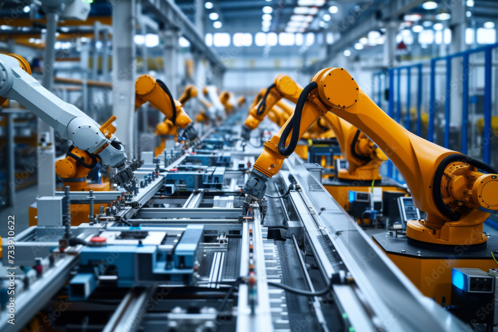 Automatic assembly robot arm in smart industrial factory for assembly product,.Automated production industry, robot arm in production line zone. Automatic assembly robot arm in smart industrial factory for assembly product,.Automated production industry, robot arm in production line zone.