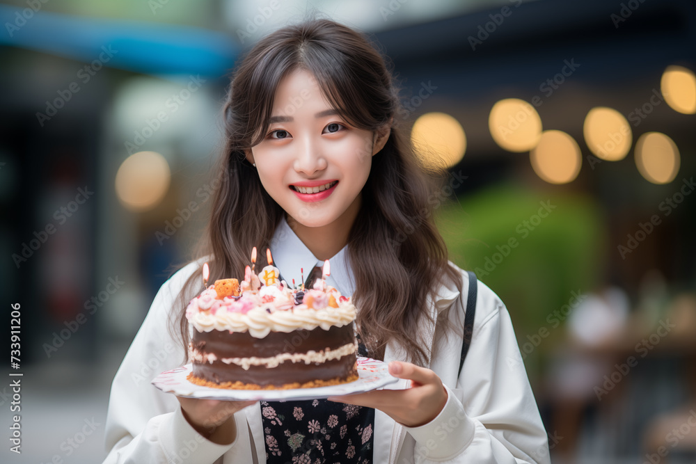 Young pretty Chinese woman at outdoors holding birthday cake Young pretty Chinese woman at outdoors holding birthday cake