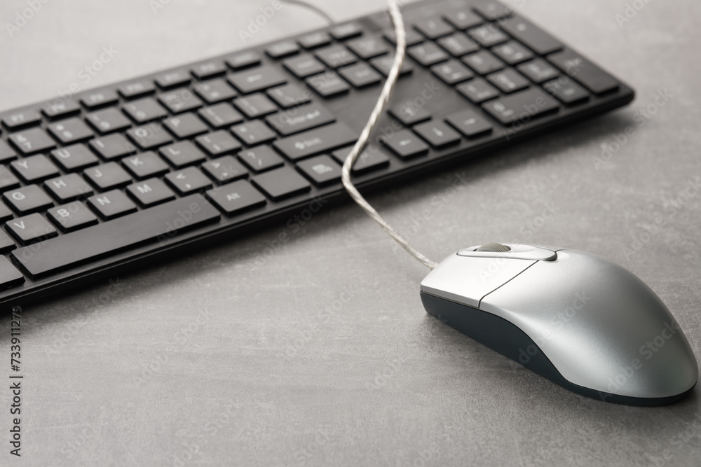 Computer mouse and keyboard on the desktop. No people Indoors.