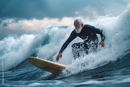 Senior concept - senior man learning to surf - lifelong learning © anaumenko