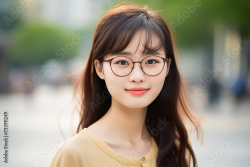 Young pretty Chinese woman at outdoors with glasses