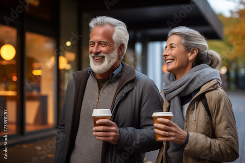 Middle aged couple at indoors holding a take away coffee