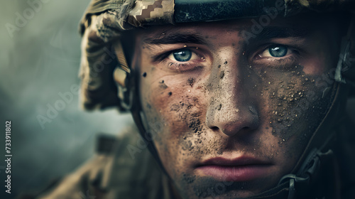 Dramatic close up portrait of soldier in helmet. Concept of a man at war photo