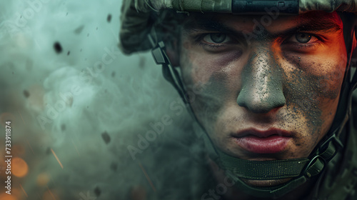 Dramatic close up portrait of soldier in helmet. Concept of a man at war