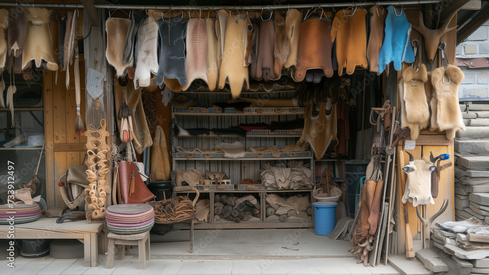 Selling Animal Skins in a Shabby Asian Hamlet Selling Animal Skins in a Shabby Asian Hamlet