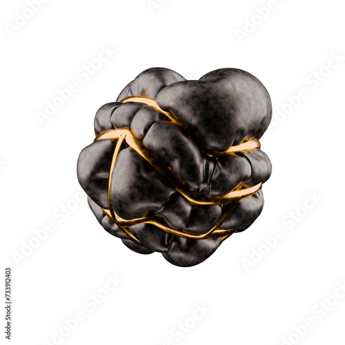 black abstract inflated 3d object constrained by gold tubes