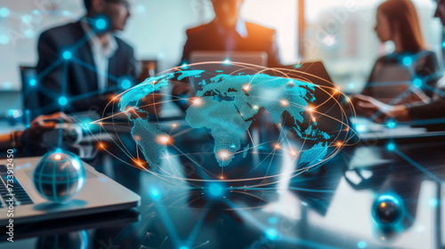 A network of global business or international companies with office on every continent to serve customers all over the world, use technology to connect, communicate, work as a team for the same goal 