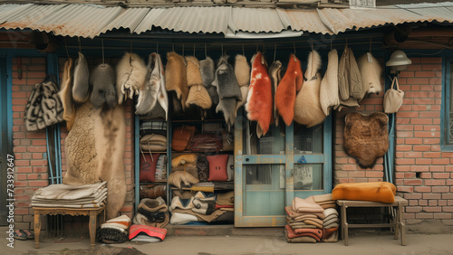 Rustic Trade: An Animal Skin Store in a Cold Asian Village