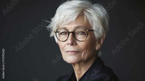 Portrait of a mature woman with short white hair, wearing round glasses and a black blazer, against a dark background with copy space