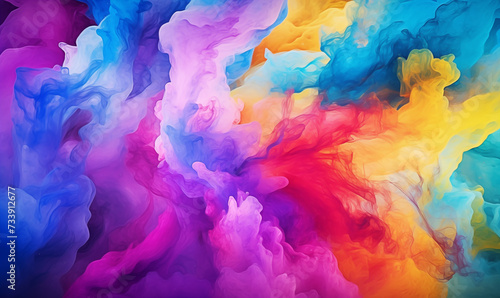 a swirl of ink paint wallpaper, light blue, magenta pink and orange on dark background, abstract water shape pattern, modern 3D backdrop © Deea Journey 